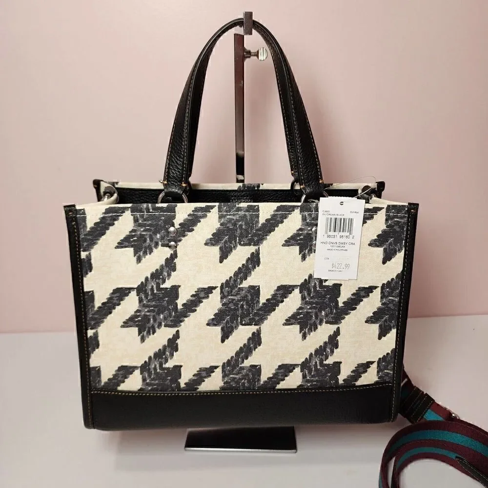 NWT Coach CJ622 Dempsey Carryall With Houndstooth Print And Patch Cream/Black